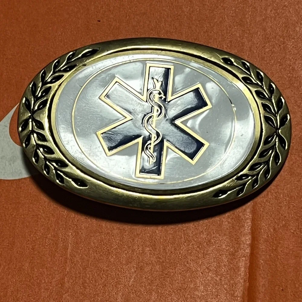 Vintage Solid Brass Star of Life EMS EMT Medical Belt Buckle Blue White Gold